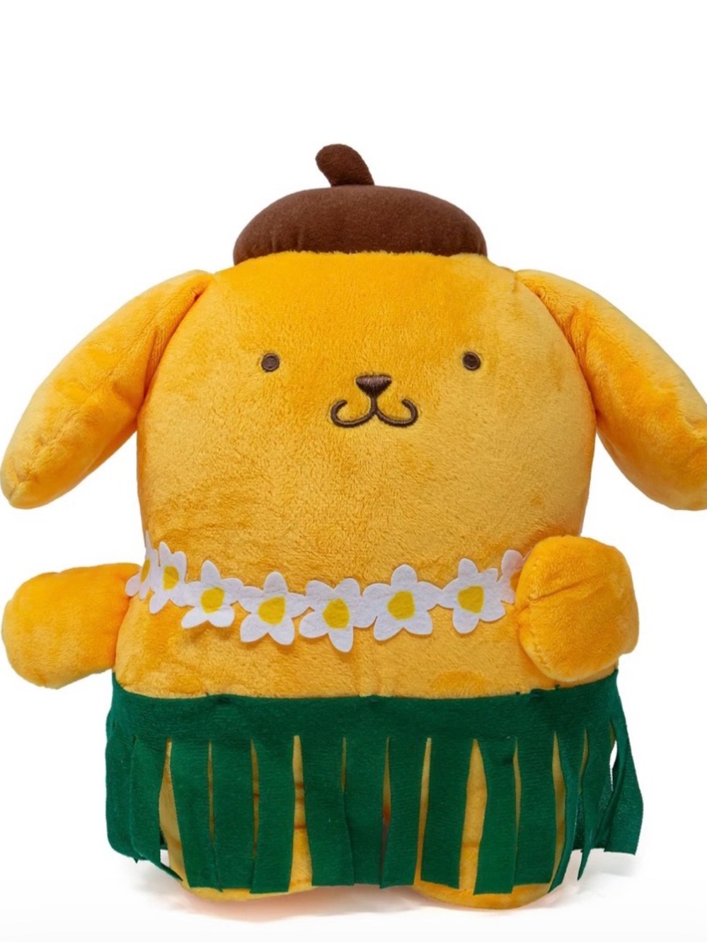 Sanrio Hawai’i exclusive 10” Pompompurin Plush with lei & Ti leaf skirt. NWT